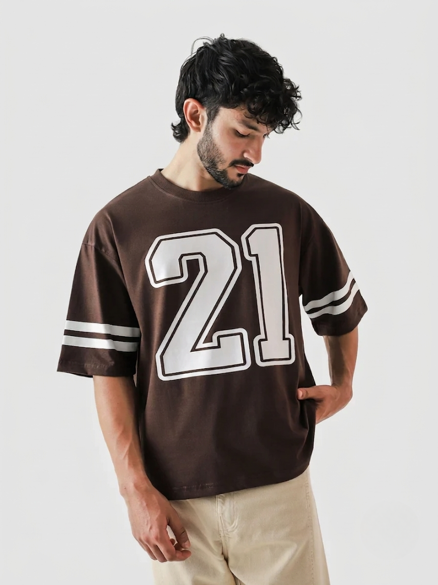 21 Stripes Printed DropShoulder Tshirt - Brown