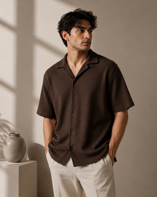Knitted Shirt Cuban Collar - Brown