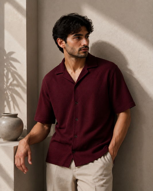 Knitted Shirt Cuban Collar - Maroon