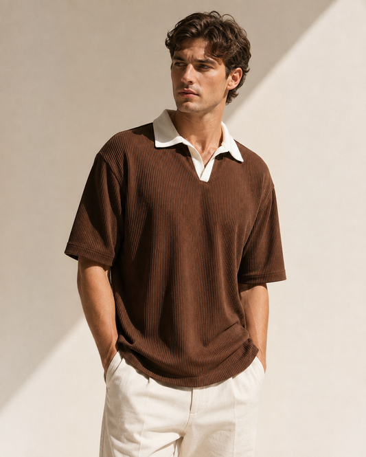 DropShoulder Waffle Knitted Polo - Brown