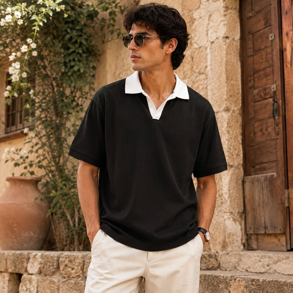 Classic Contrast-Collar V-Neck Polo - Black
