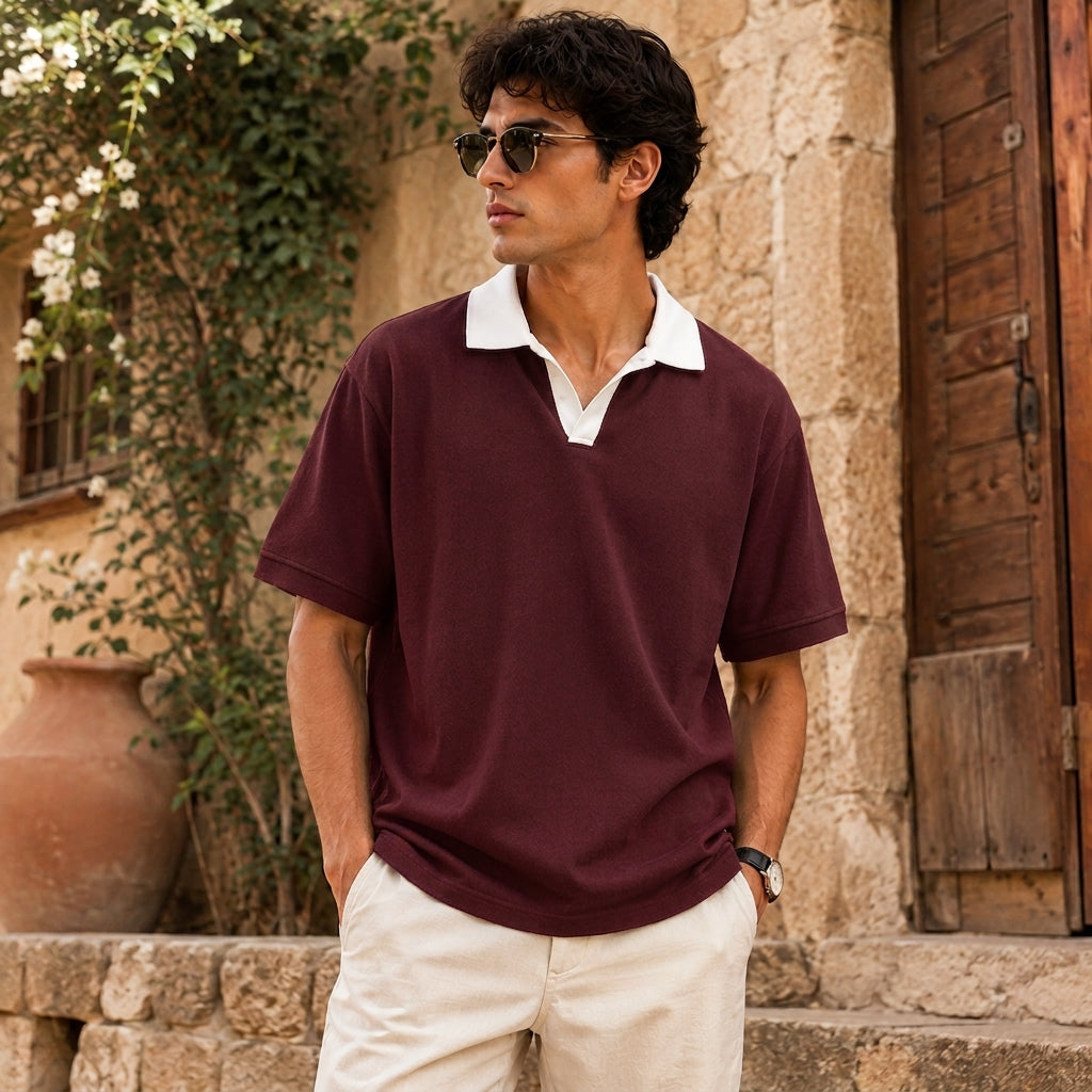 Classic Contrast-Collar V-Neck Polo - Maroon
