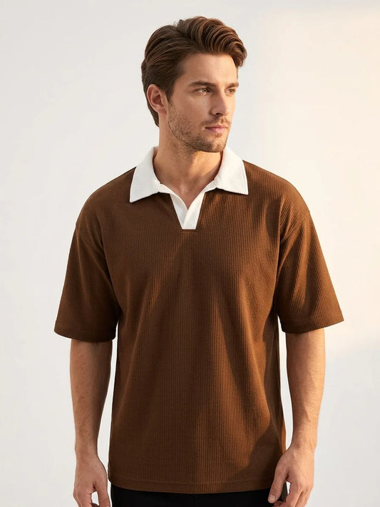 DropShoulder Waffle Knitted Polo - Brown