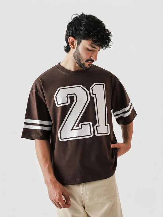 21 Stripes Printed DropShoulder Tshirt - Brown